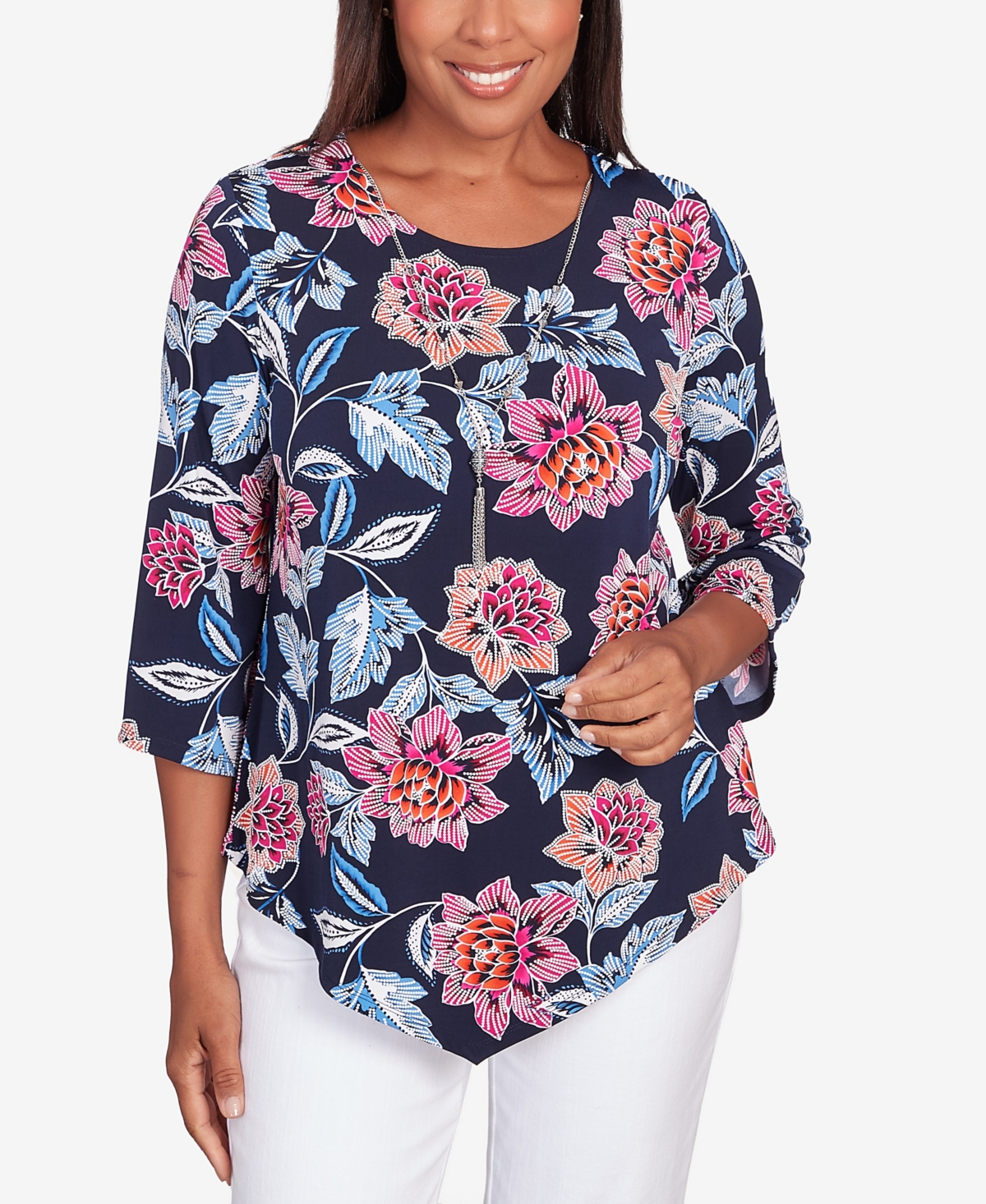 Shop Alfred Dunner Petite Classic Puff Floral Necklace Top In Navy