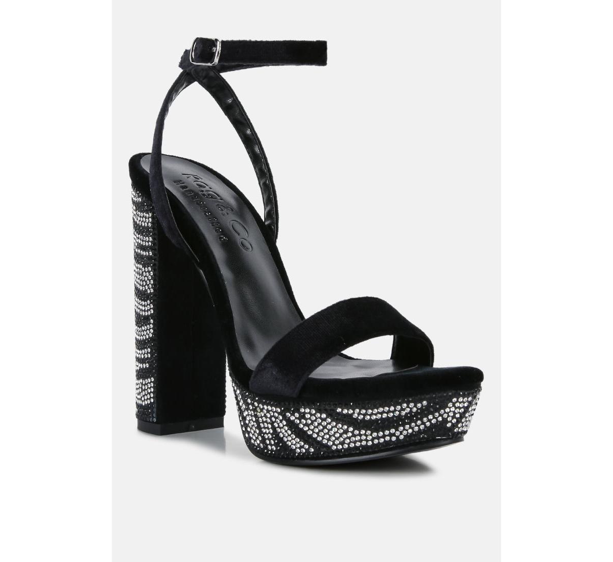 Rag & Co Zircon Black Rhinestone Patterned High Heel Sandals In Black