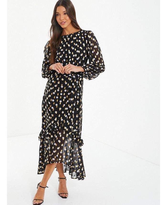 QUIZ Women's Chiffon White & Gold Polka Dot Long Sleeve Midi Dress - Macy's