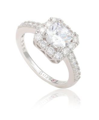 Suzy Levian Sterling Silver Emerald Cut Cubic Zirconia Halo Center Stone Ring