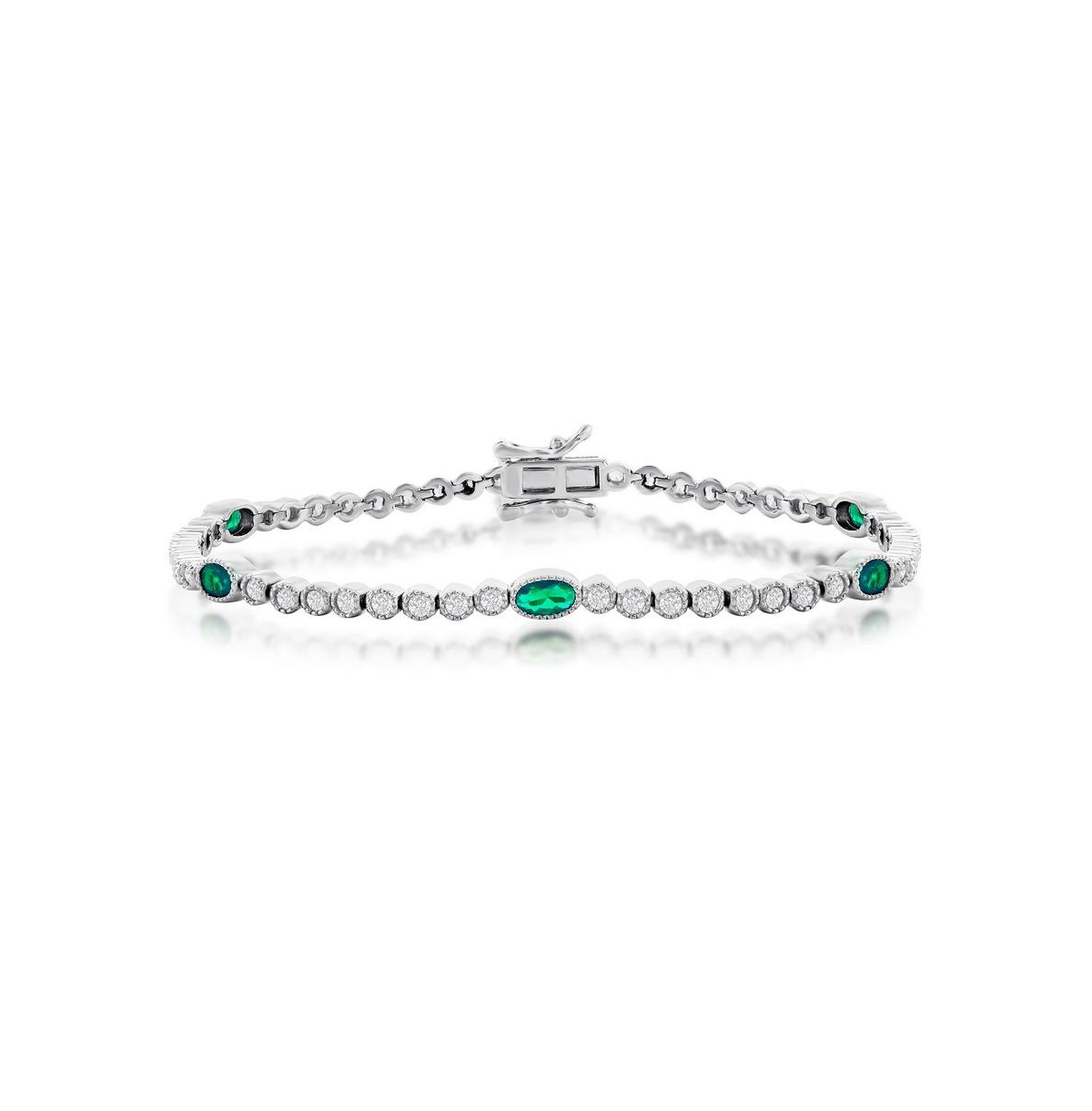 Sterling Silver Beaded Outline Round & Oval Cz Bracelet (Green, Blue, Or Red) - Ruby