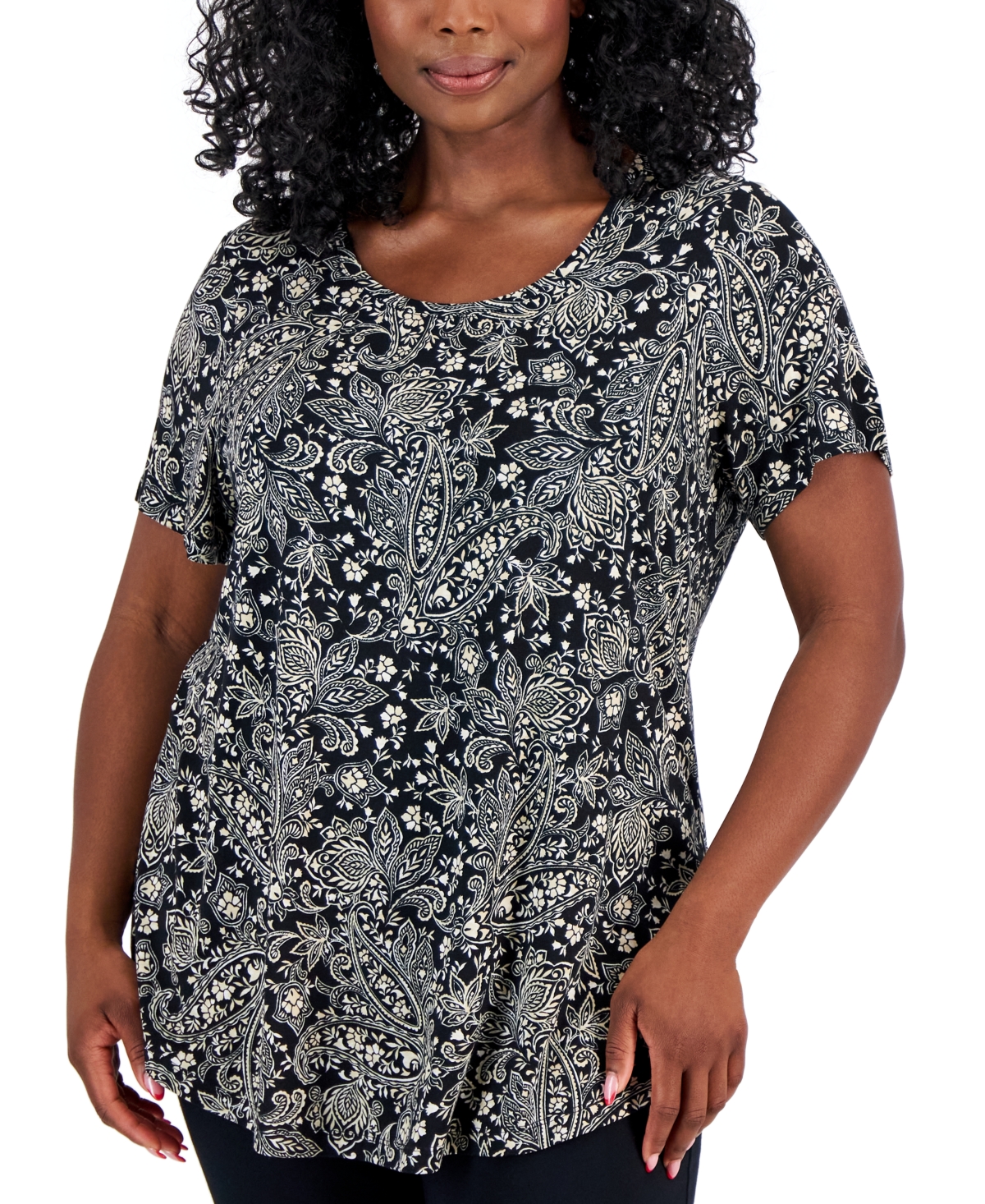 Shop Jm Collection Plus Size Paige Paisley Short-sleeve Top, Created For Macy's In Deep Black Combo
