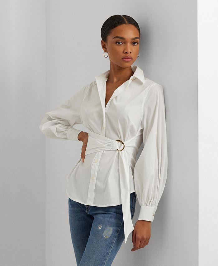 Lauren Ralph Lauren Petite Belted Blouson-Sleeve Shirt - Macy's