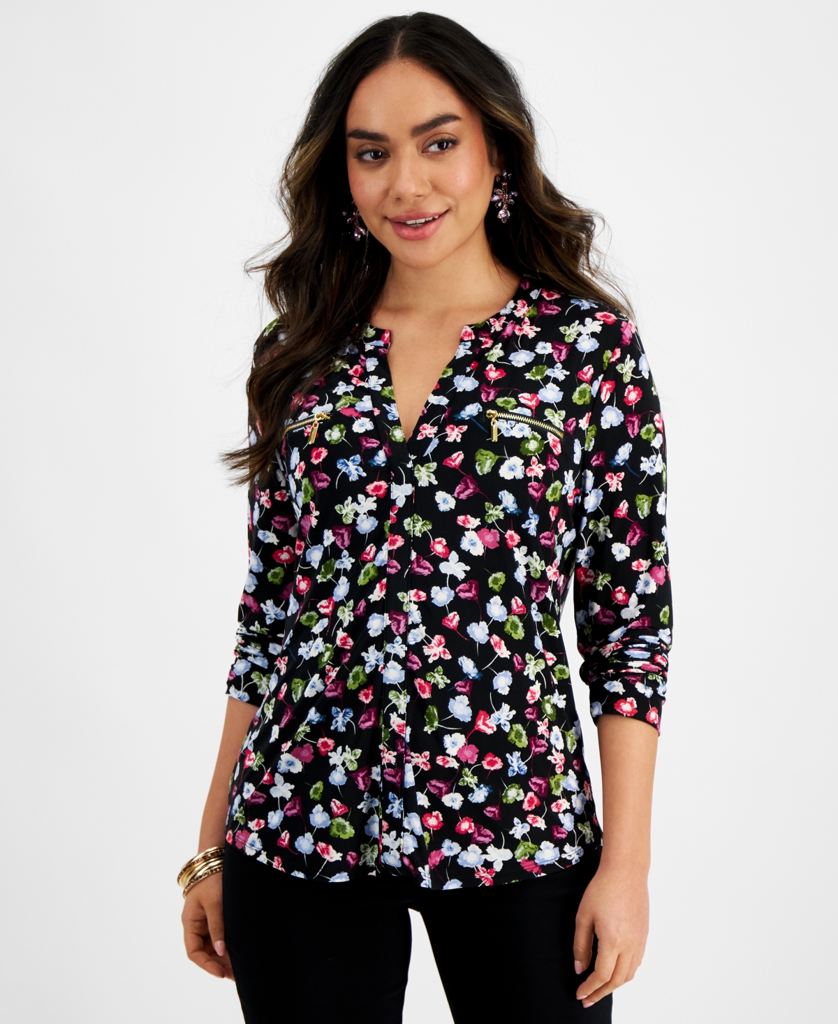 Shop Inc International Concepts Petite Floral-print Zipper-pocket Top, Created For Macy's In Maddie Ditsy