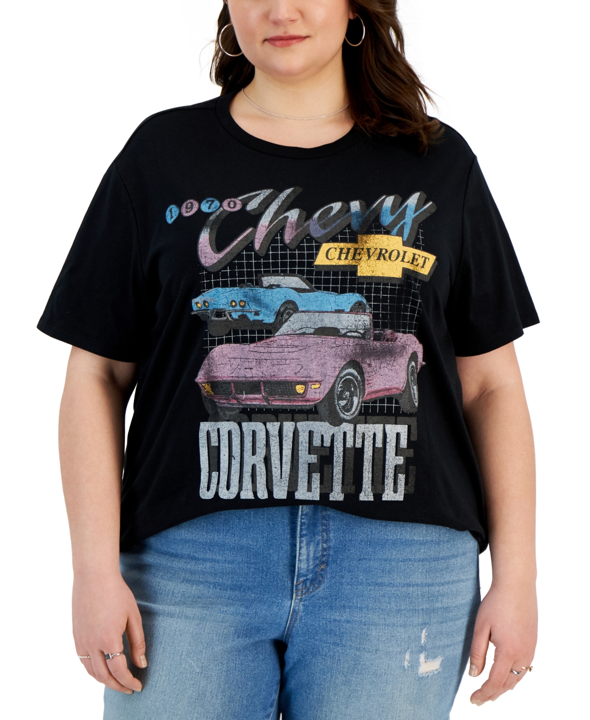 Love Tribe Trendy Plus Size Chevy Corvette Graphic T-shirt In Black