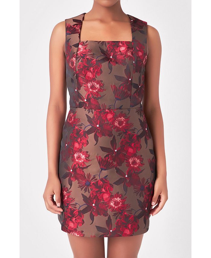 Mable Floral Jacquard Sleeveless Open Back Mini Dress
