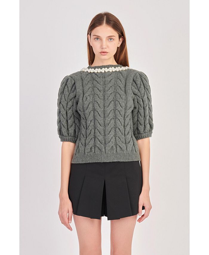 endless rose Women's Pearl Trim Cable Knit Top Macy's