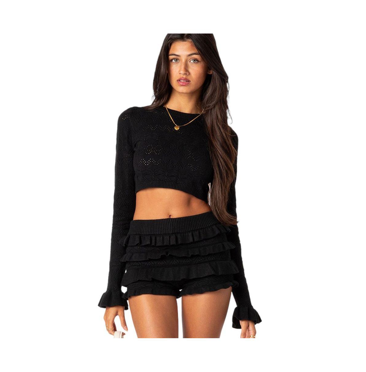 Edikted Delana Ruffle Cuff Pointelle Crop Sweater In Black