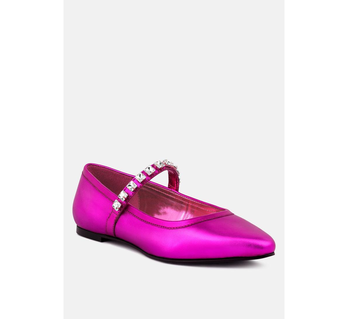 Rag & Co Alverno Metallic Diamante Mary Jane Leather Flats In Fuchsia In Fuchsia