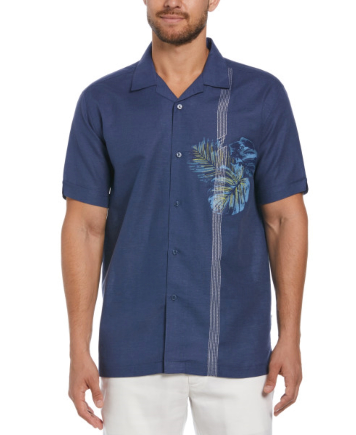 Men's Linen Blend Tropical Print Short-Sleeve Button-Front Camp Shirt - Oceana