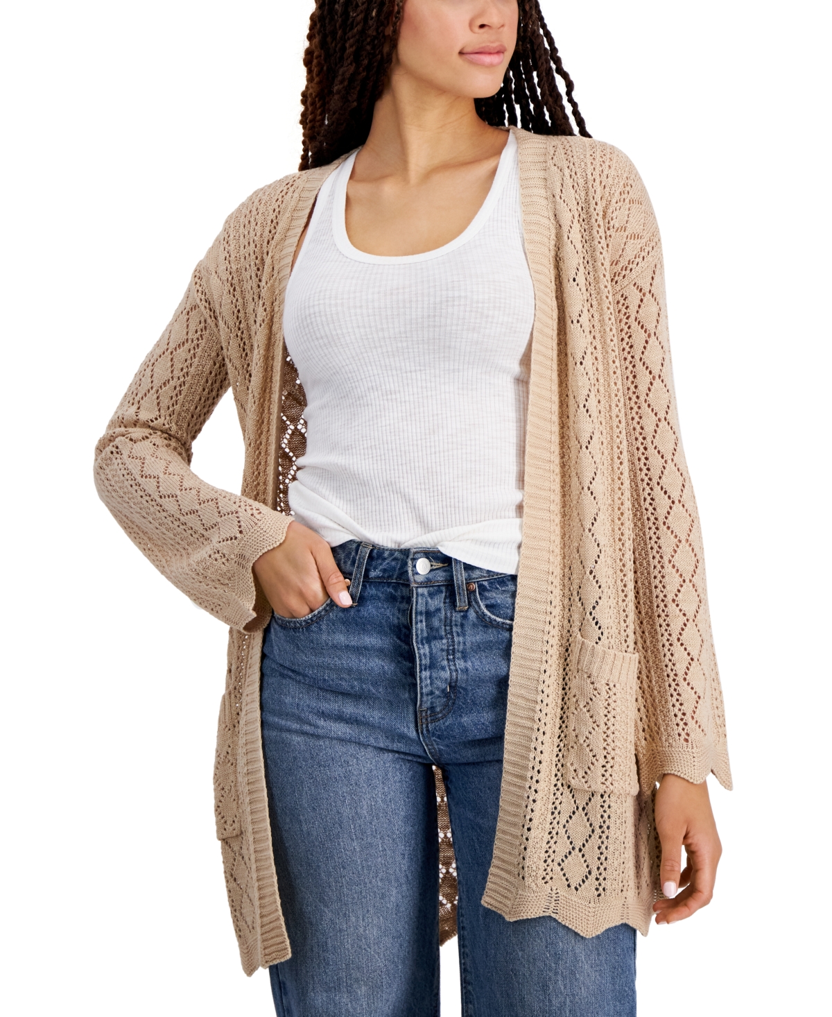 Hippie Rose Juniors' Open-front Long-sleeve Cardigan In Warm Sand
