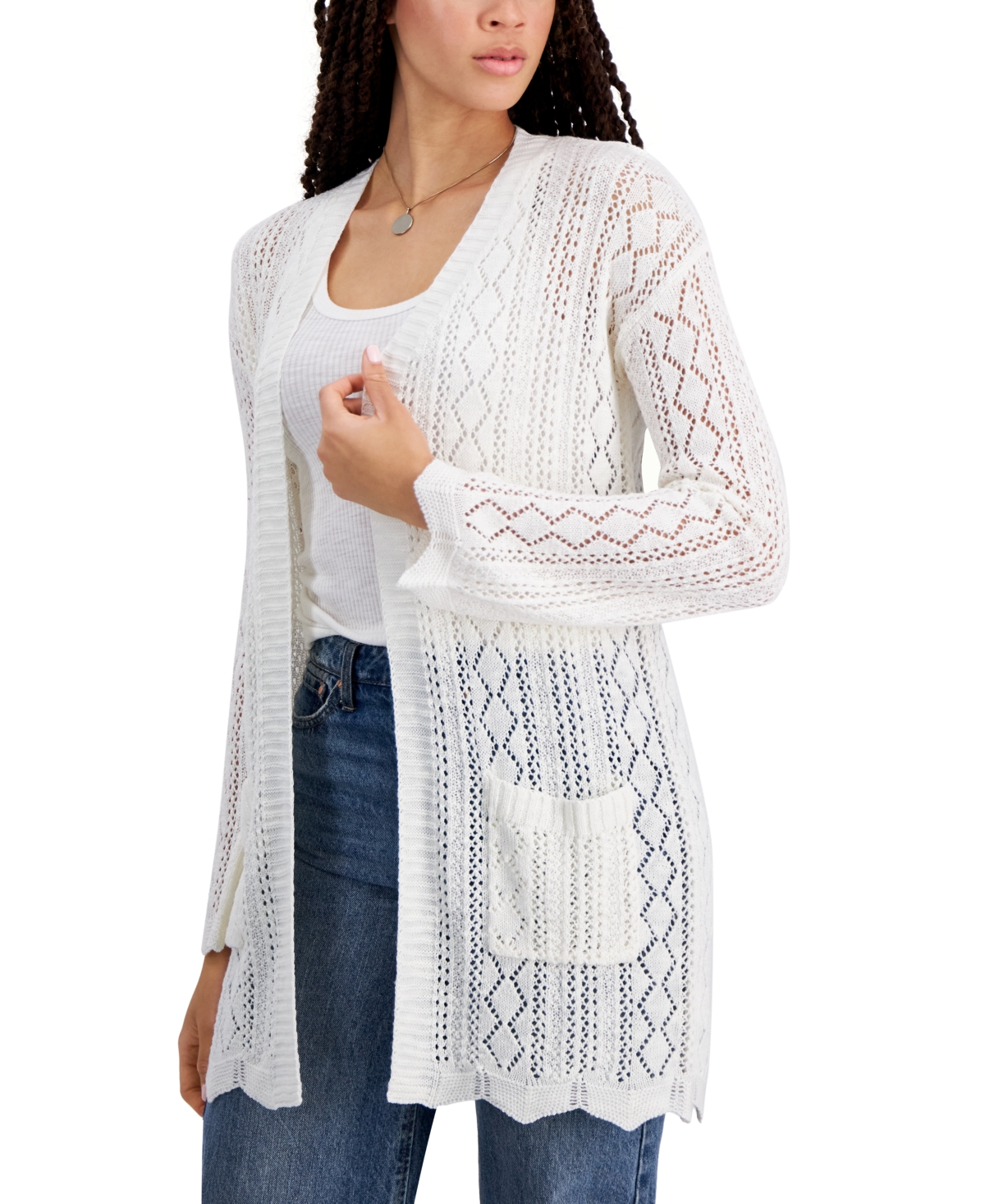 Hippie Rose Juniors' Open-front Long-sleeve Cardigan In Ivory