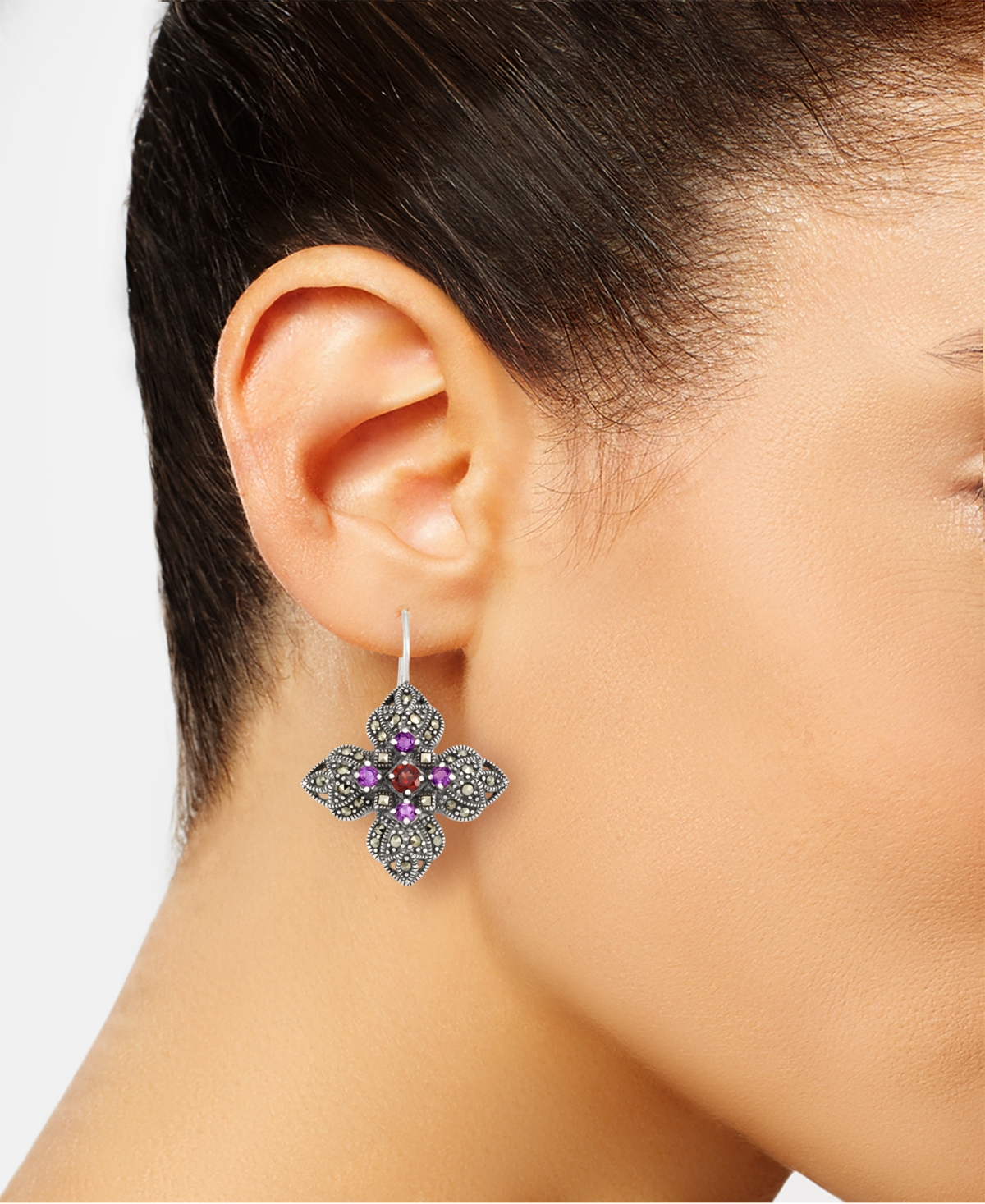 Multi-Gemstone (2-1/2 ct. t.w.) Flower Wire Earrings in Sterling Silver - Multi-Gemstone