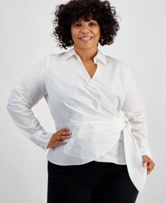 I.N.C. International Concepts - Plus Size Cotton Collared Wrap Top