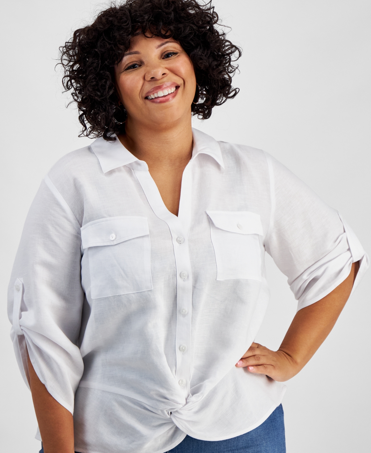 Inc International Concepts Plus Size Linen Twist-hem Shirt, Created For Macy's In Bright White