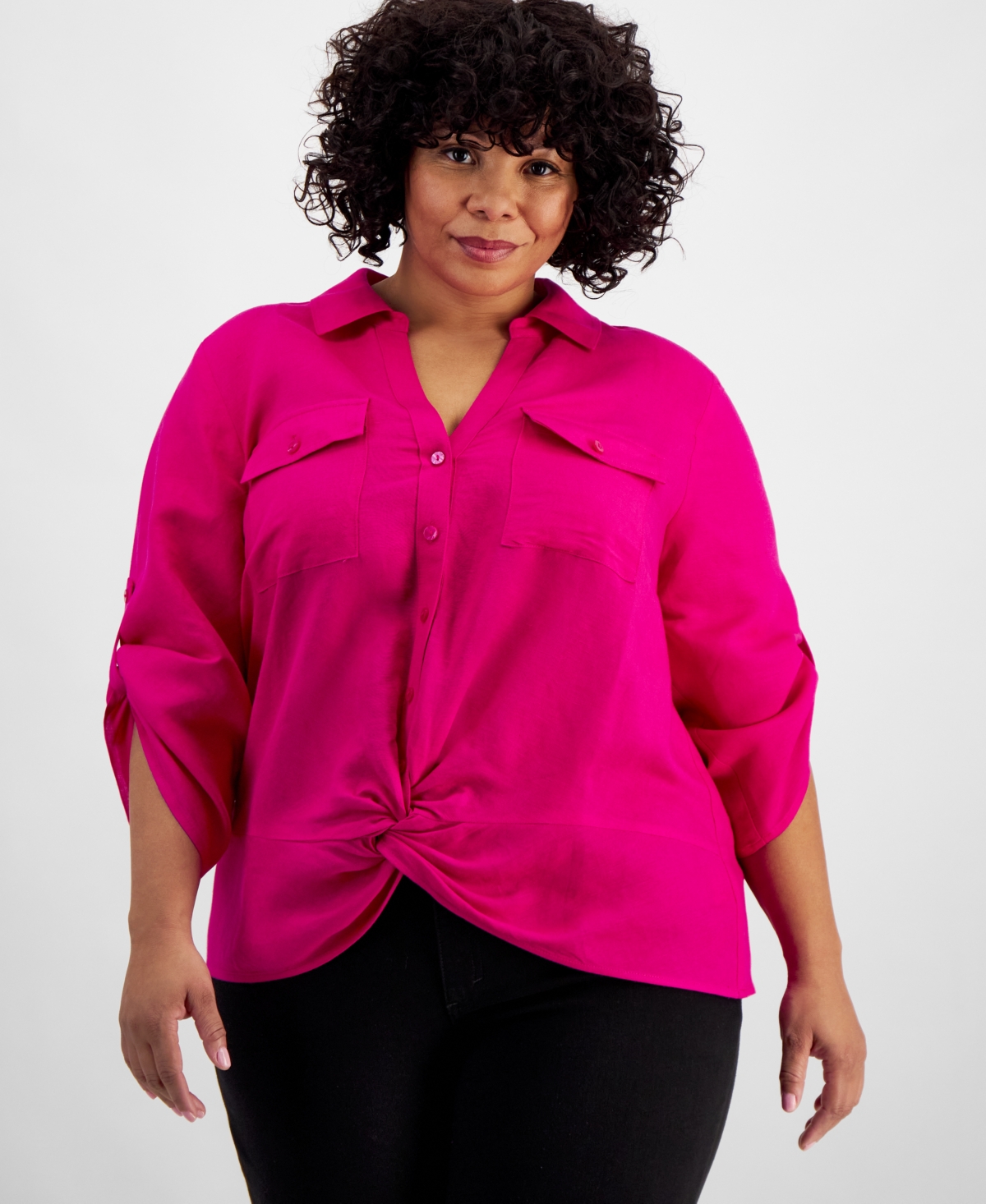 Inc International Concepts Plus Size Linen Twist-hem Shirt, Created For Macy's In Pink Dragonfruit