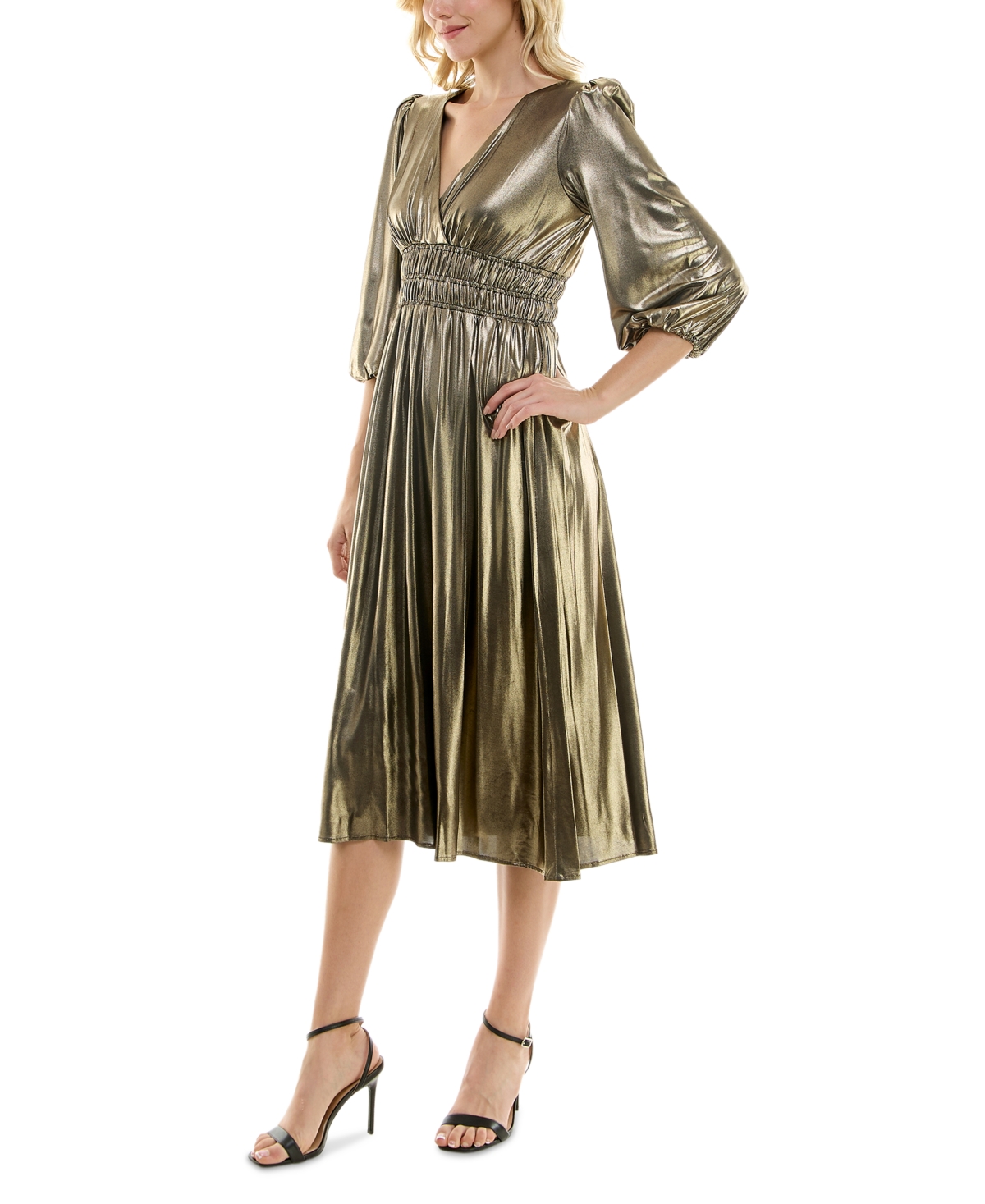 Shop Maison Tara Women's 3/4-sleeve Smocked-waist Midi Dress In Antique Gold,black