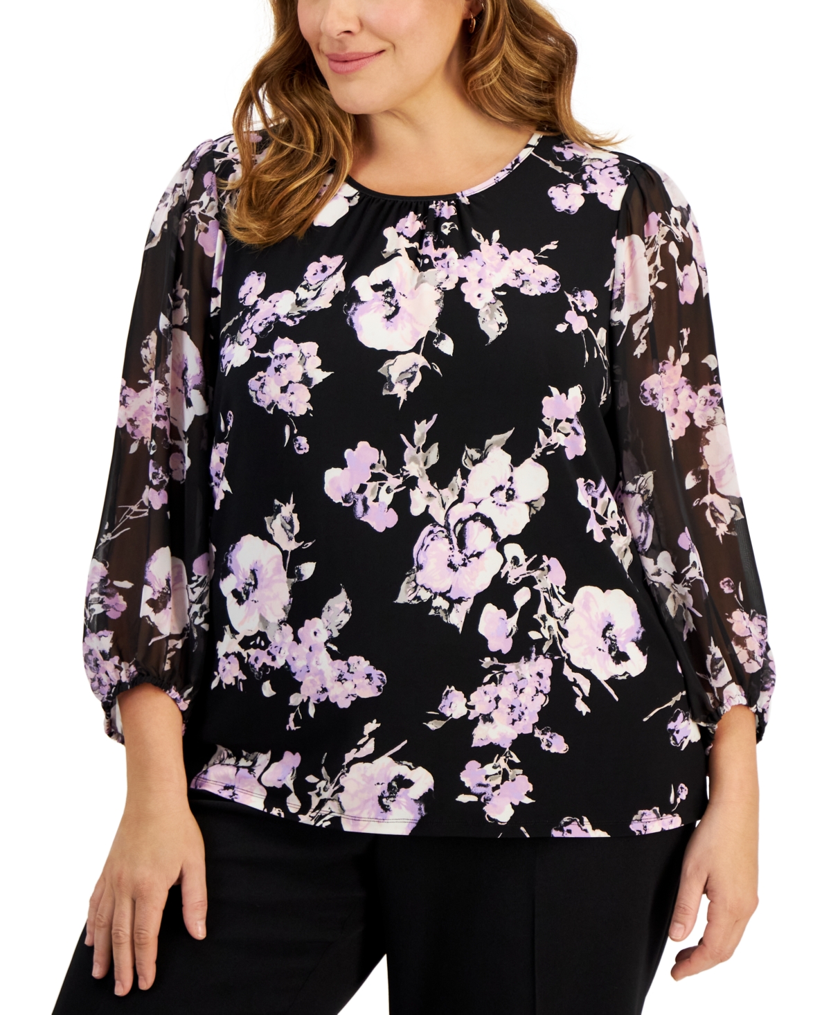 Shop Kasper Plus Size Floral-print Chiffon-sleeve Blouse In Black,lavender Mist Multi