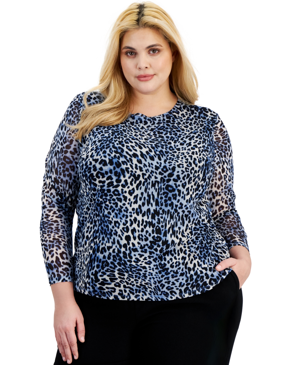 Bar Iii Plus Size Animal-print Long-sleeve Mesh Top, Created For Macy's In Delft Blue