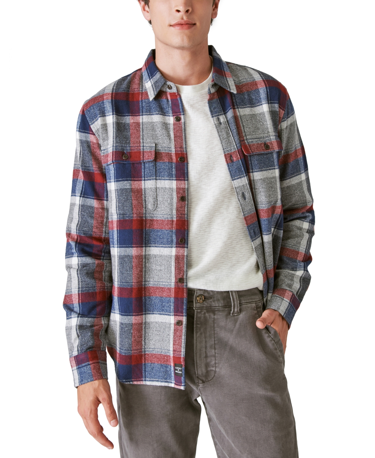 Men's Plaid Button-Down Flannel Utility Shirt - Grey/red/blue