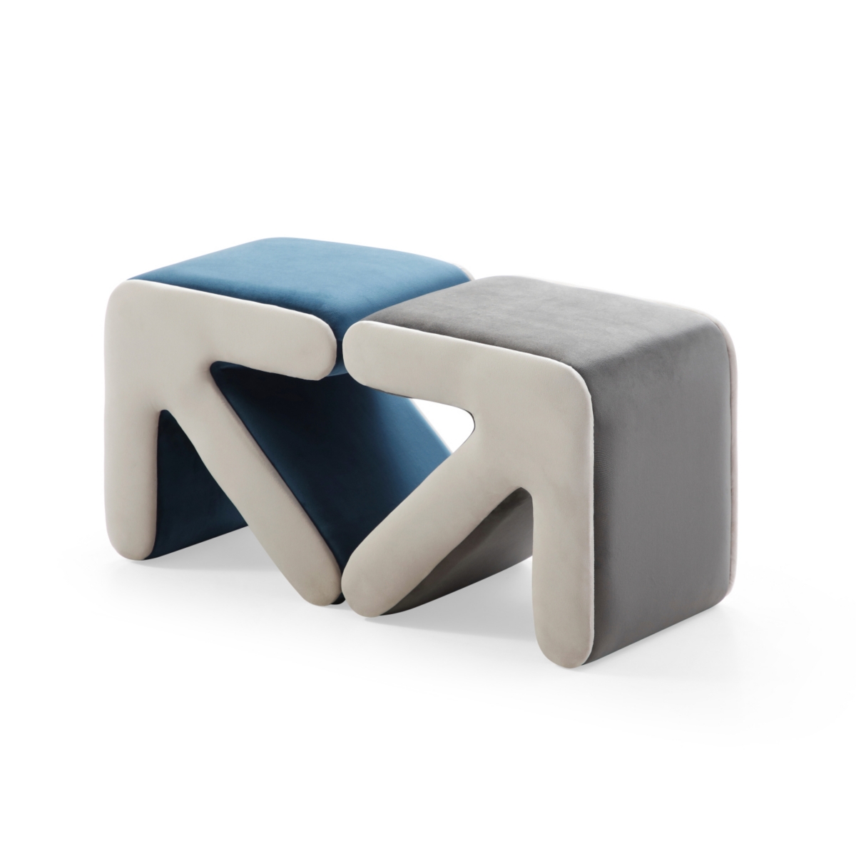 Modern Velvet Upholstered Stool & Coffee Table, Blue+Beige