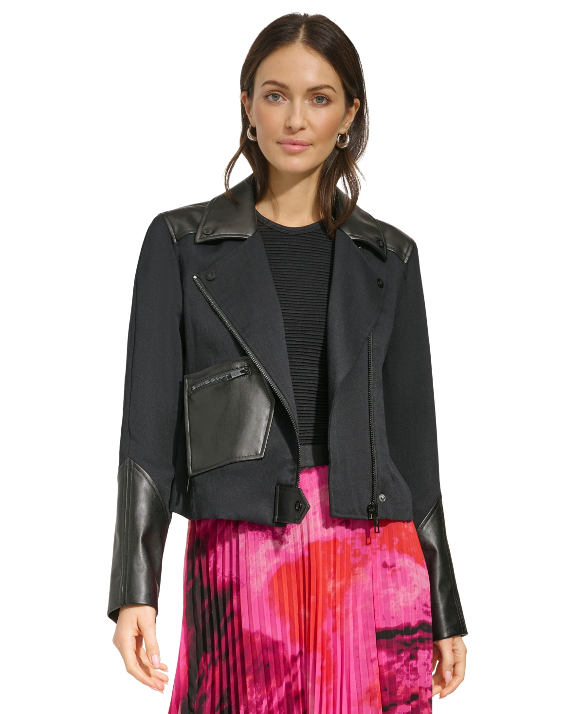 Women's Faux-Leather-Accent Moto Jacket - Black