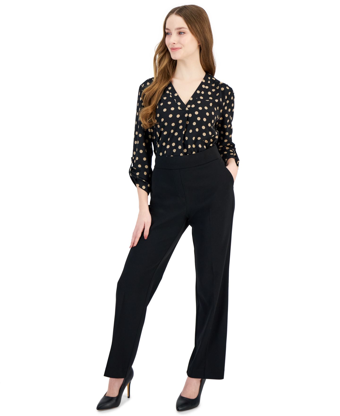 Женские брюки Anne Klein Essentials AK Anne Klein Plus Size Pull-On Mid-Rise Straight-Leg, цвет: Чёрный — фото 1