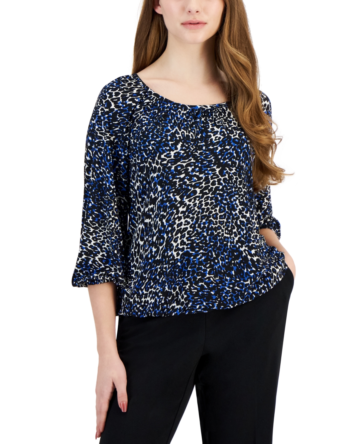 Shop Ak Anne Klein Petite Printed Shirred 3/4-sleeve Top In Anne Black,marine Blue Cheetah