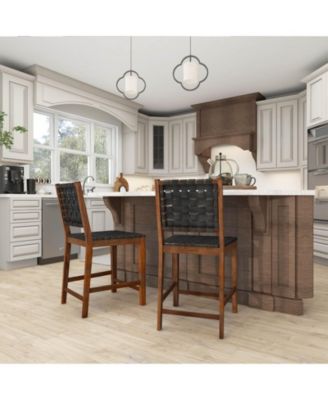 Woven Bar Stools Set of 2 Counter Height Dining Chairs Faux PU Leather Kitchen