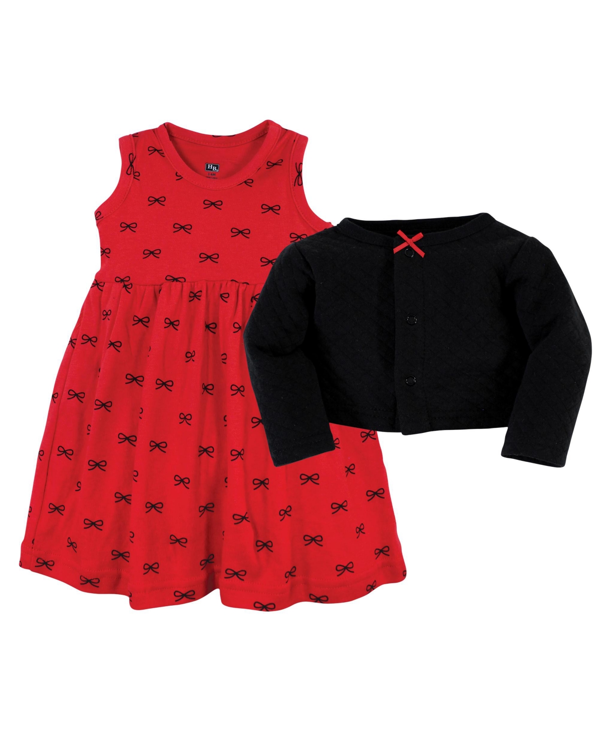 Hudson Baby Toddler Girls Quilted Cardigan 2pc set and Dress,- Red black bows