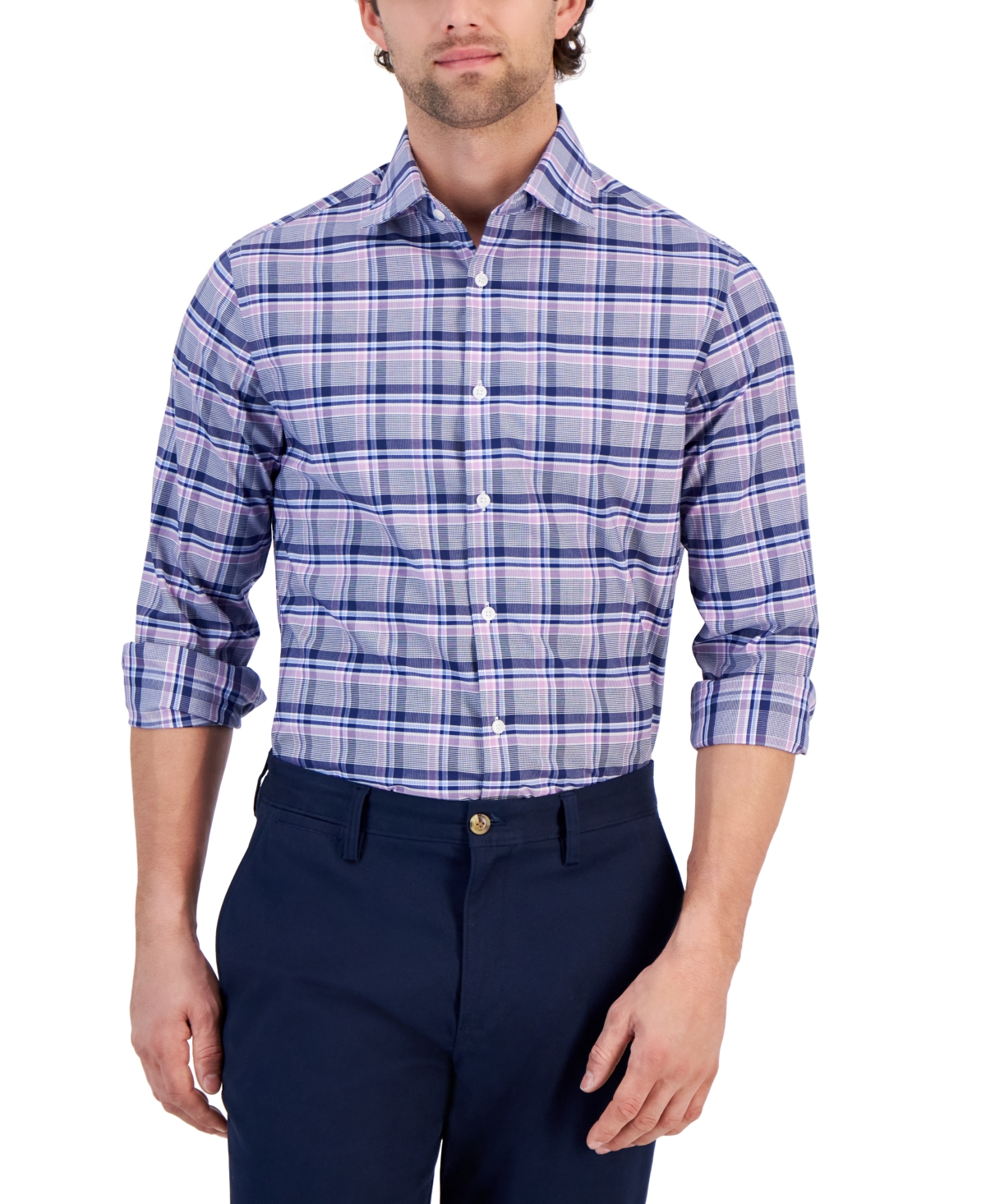 Shop Michael Kors Men's Slim-fit Airsoft Plaid Dress Shirt In Navy Multi