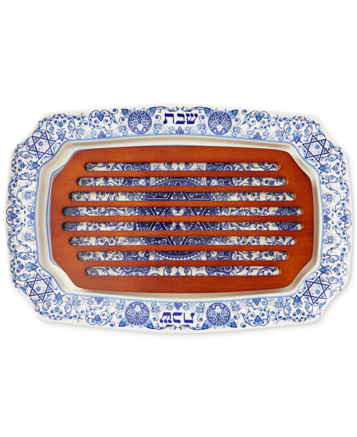 Judaica Challah Tray with Wooden Insert - blue