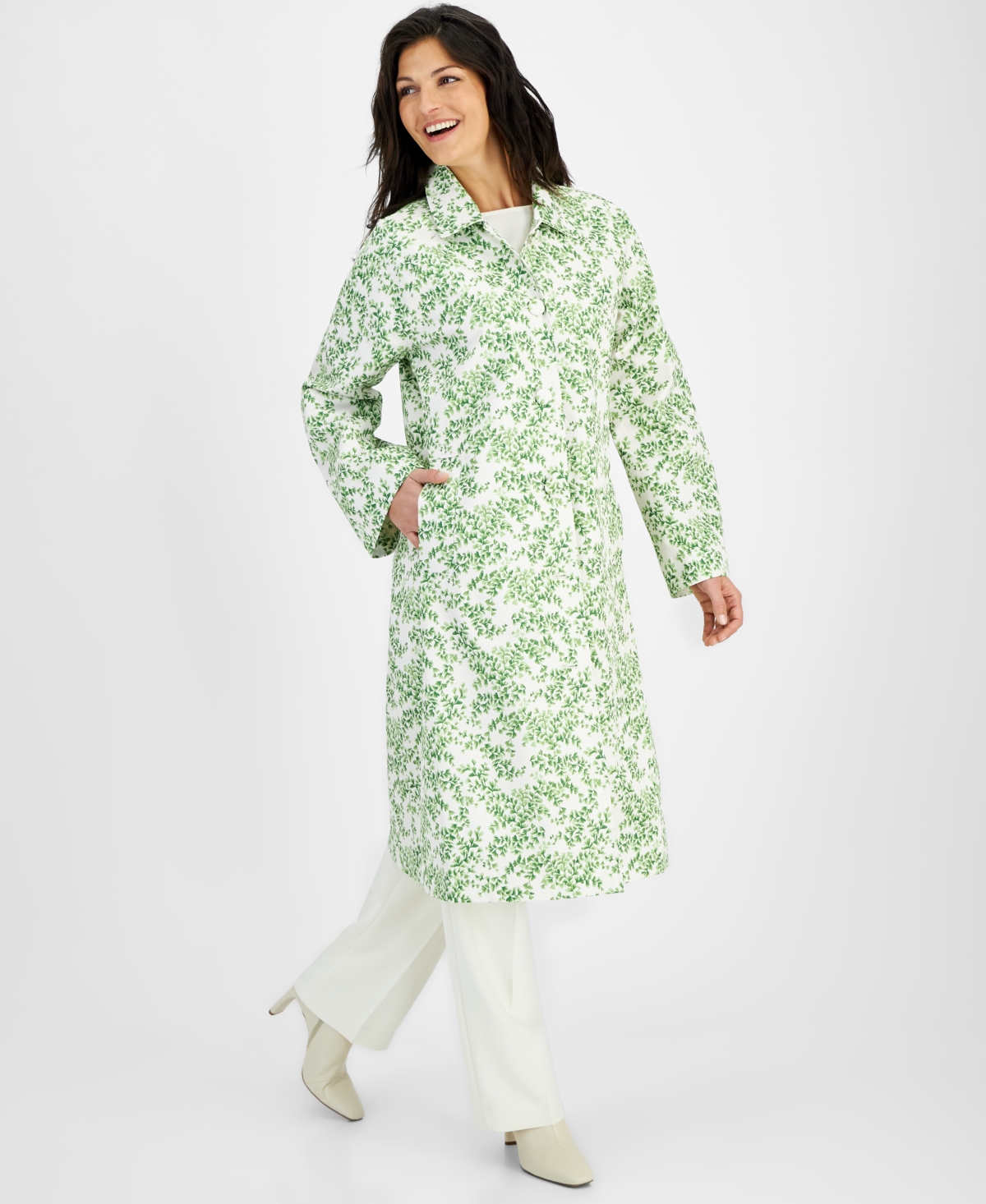 Macy's Flower Show Women's Long A-line Printed Raincoat, Created For  In Green Leaf