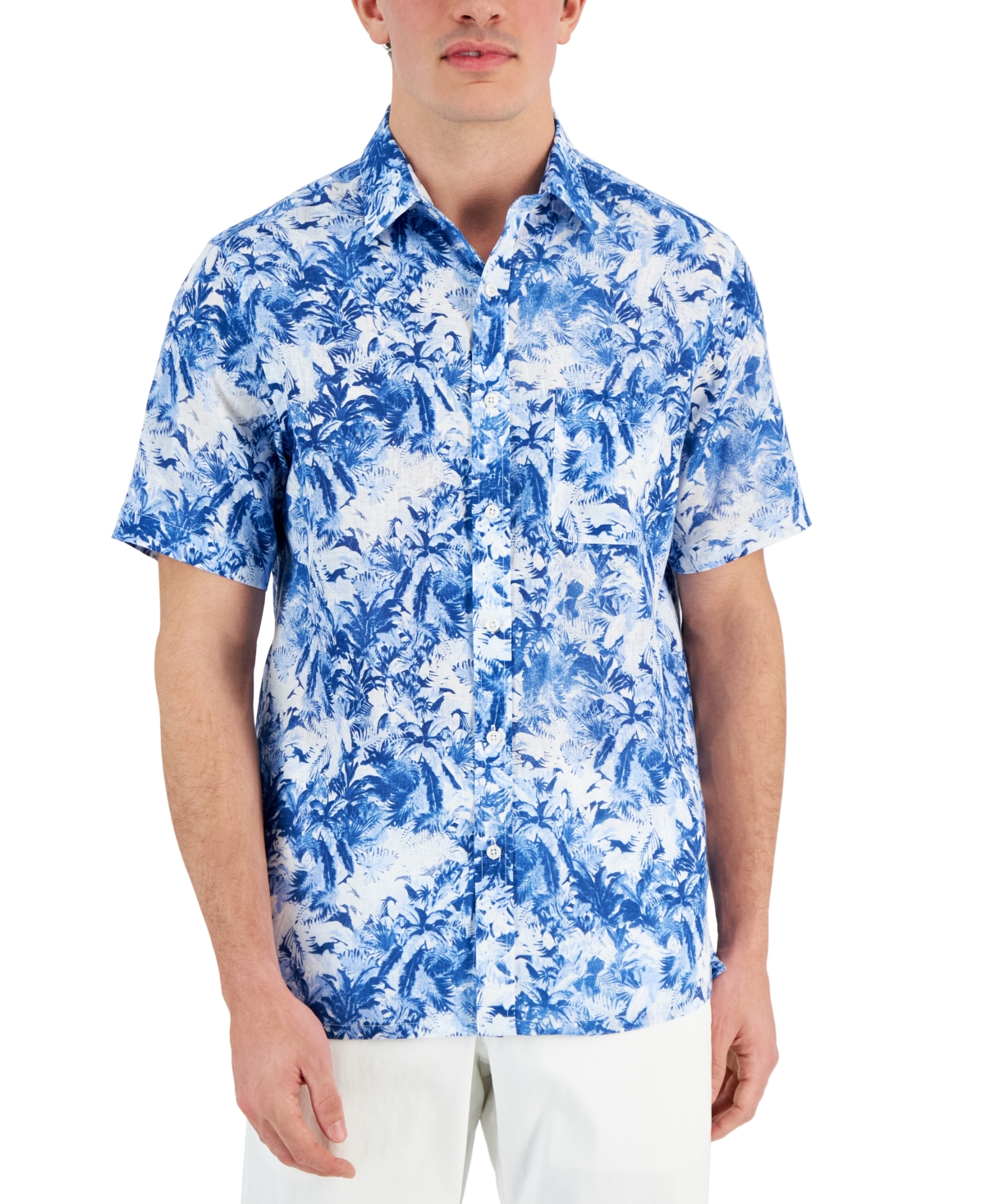 Men's Tropical Print Short-Sleeve Button-Front Linen Shirt, Created for Macy's - Alfresco Blue
