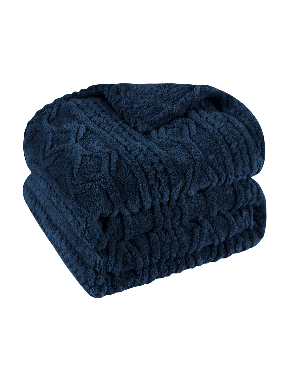Superior Boho Knit Jacquard Fleece Plush Fluffy Blanket, King In Navy Blue