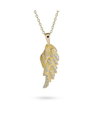 Religious Spiritual CZ Pave Accent Feather Guardian Angel Wing Pendant Necklace Sterling