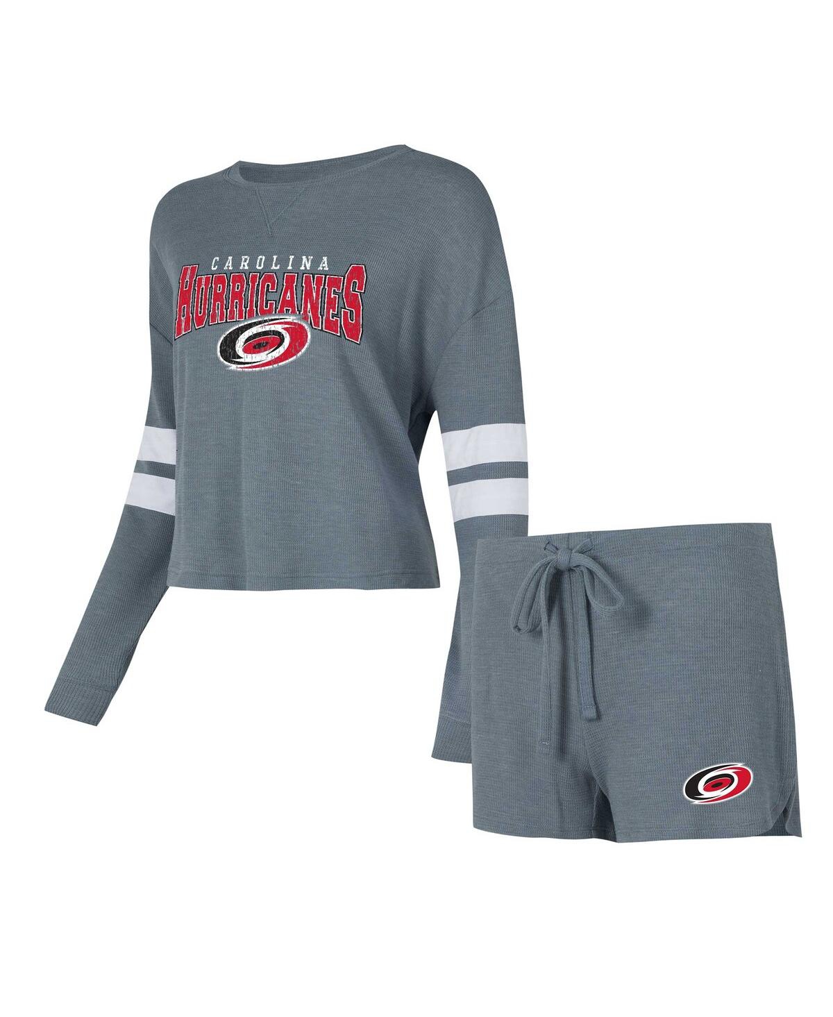 Women's Concepts Sport Gray Distressed Carolina Hurricanes Meadow Long Sleeve T-shirt and Shorts Sleep Set - Gray