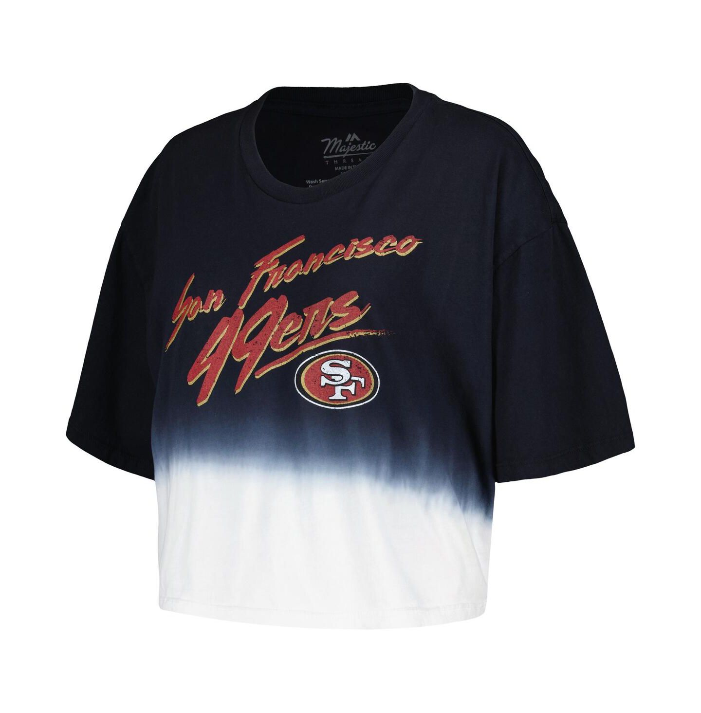 Женский топ Majestic Threads Christian McCaffrey Black, White Distressed San Francisco 49ers Dip-Dye Player Name and Number Crop — фото 3