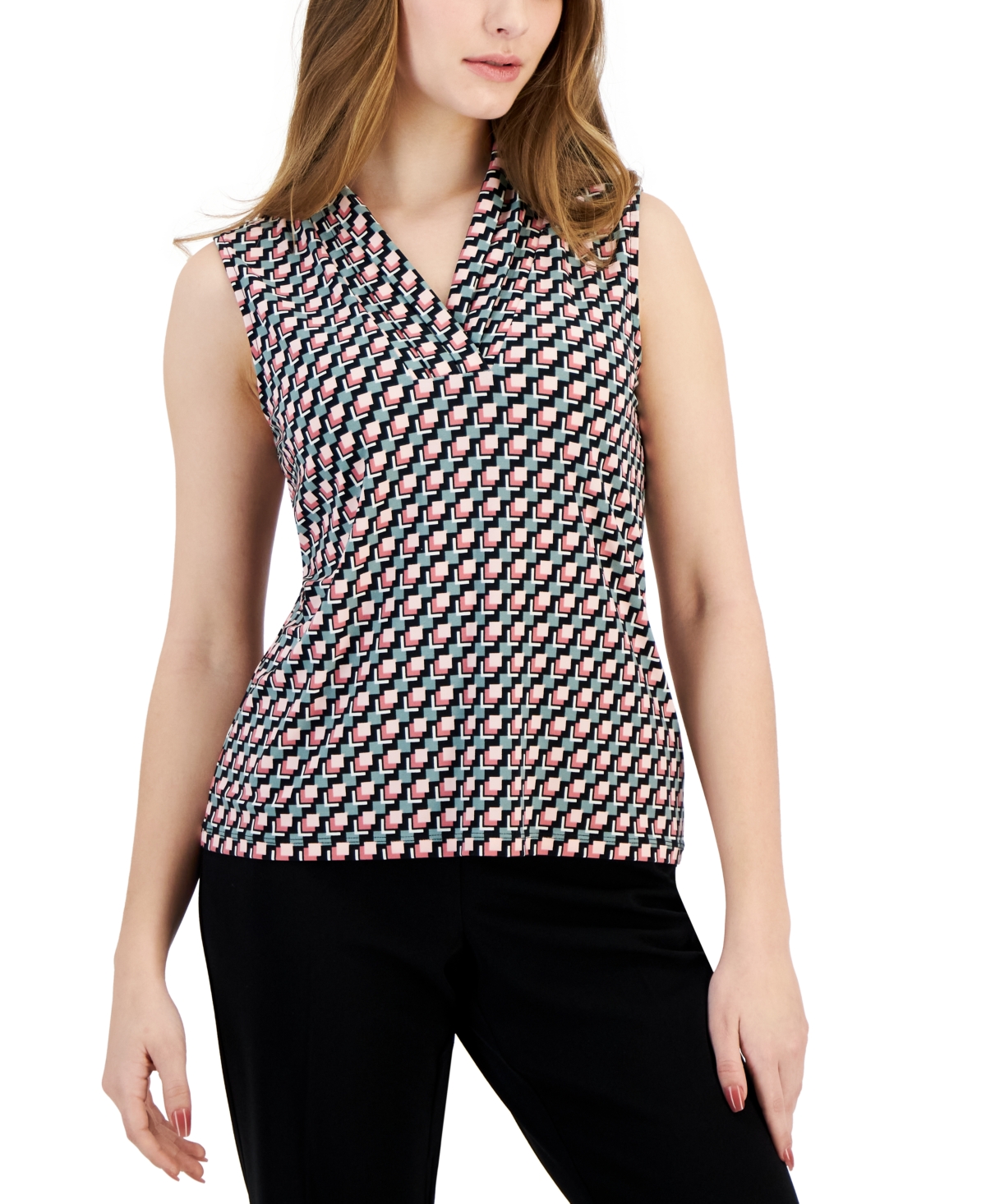 Anne Klein Petite Printed Pleated V-neck Top In Anne Blk,cherry Blossom