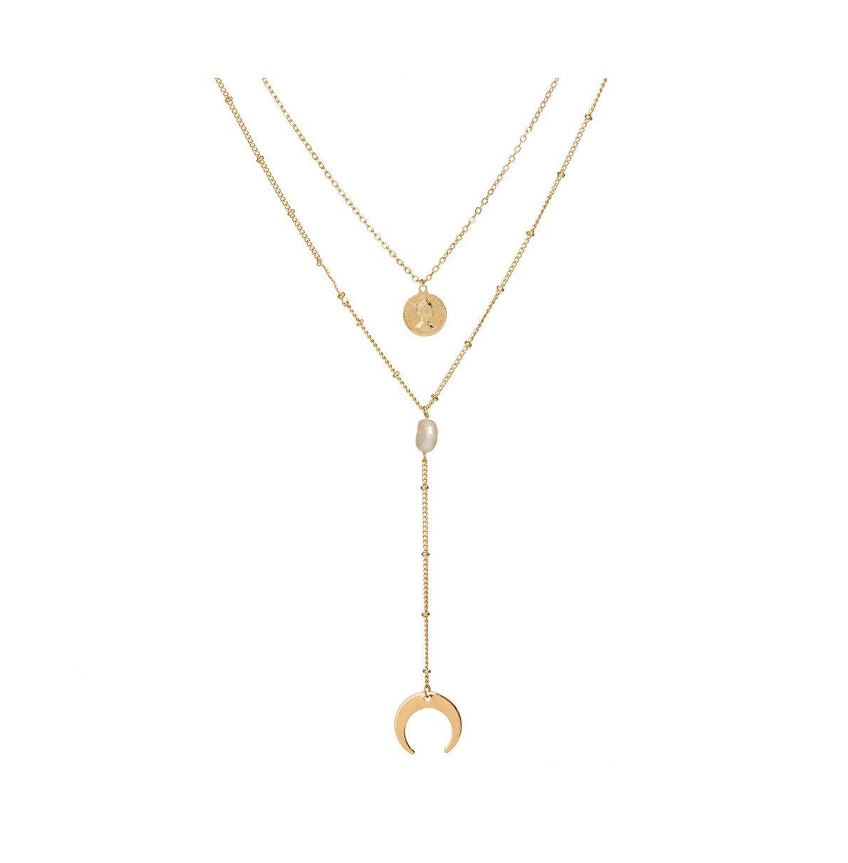 Two Layer Necklace with Moon and Gypsy Coin - Gold
