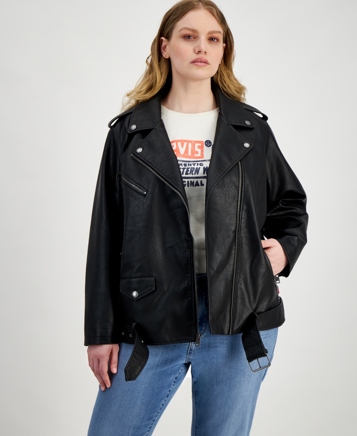 Shop Levi's Plus Size Faux Leather Long Line Belted Moto Jacket In Black