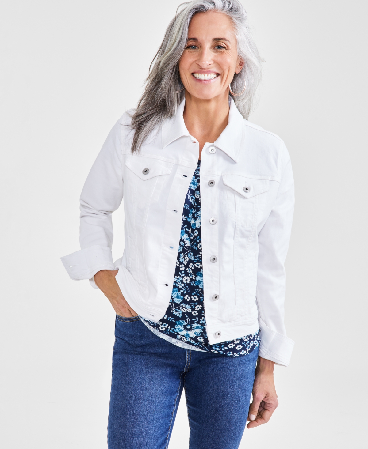 Petite Classic Denim Jacket, Created for Macy's - Bright White