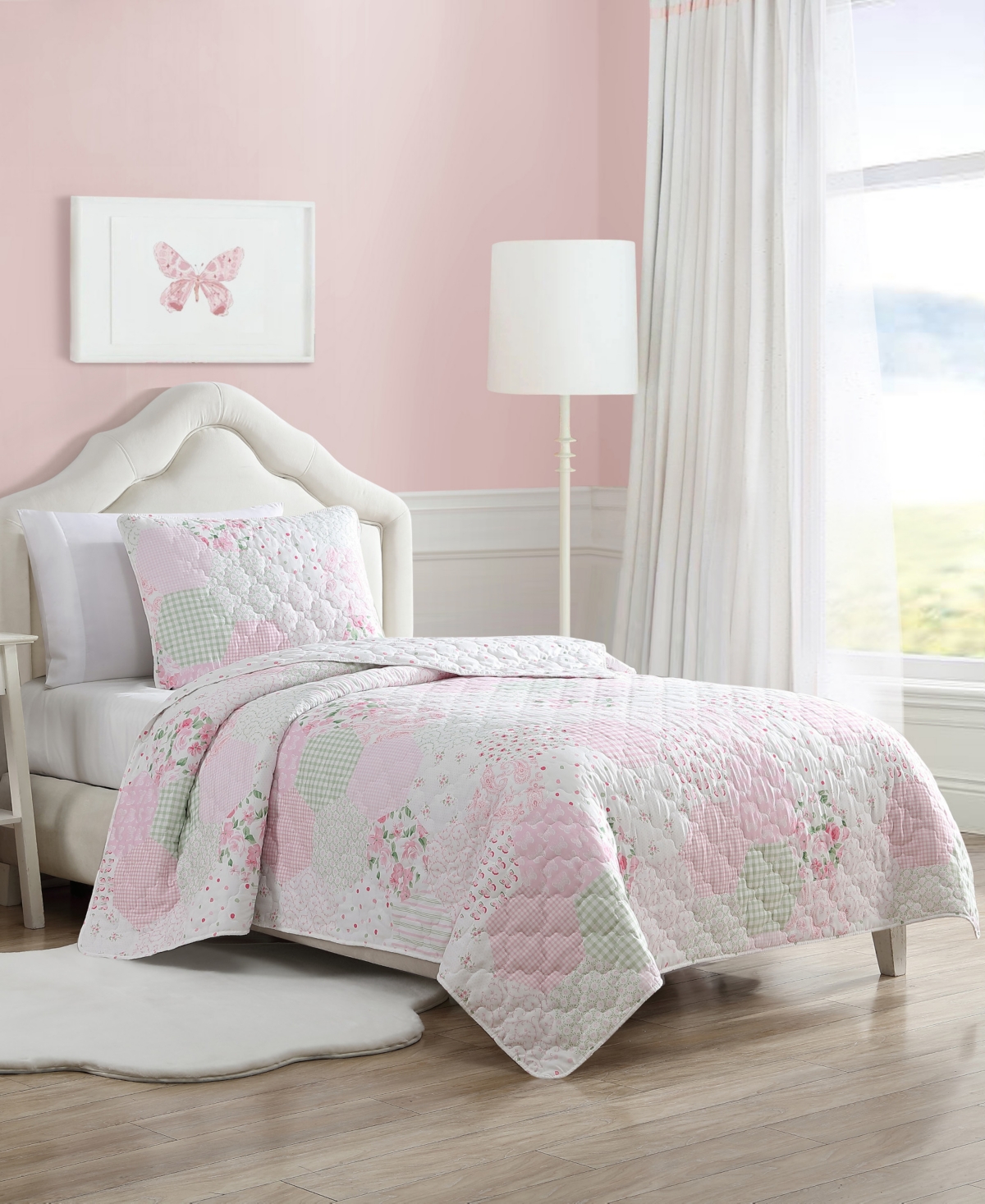 Laura Ashley Kids Ellyn Reversible 3 Piece Quilt Set, Full In Pink