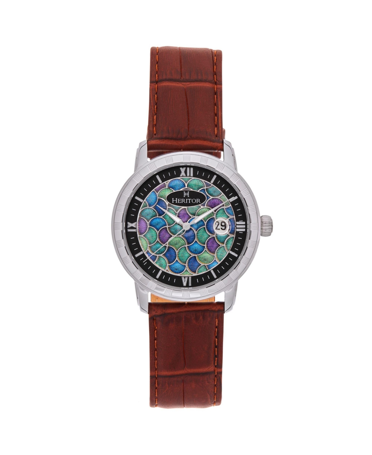 Men Protege Leather Strap Watch w/Date - Silver/Brown - Silver/brown