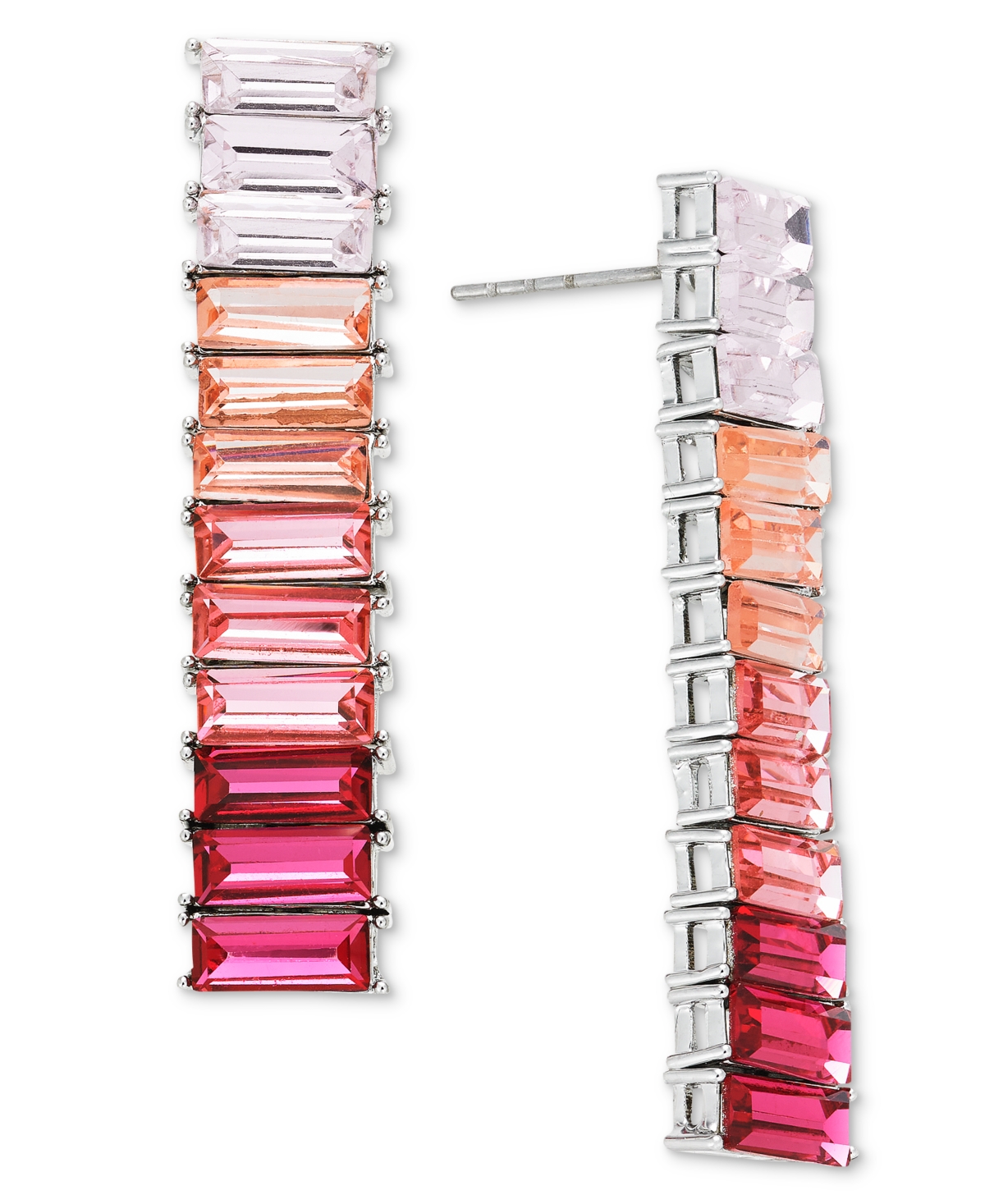 Silver-Tone Baguette Crystal Linear Drop Earrings, Created for Macy's - Pink