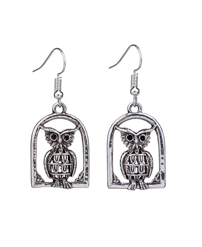 Hollywood Sensation Vintage like Owl Drop Dangle Silver Retro Earrings