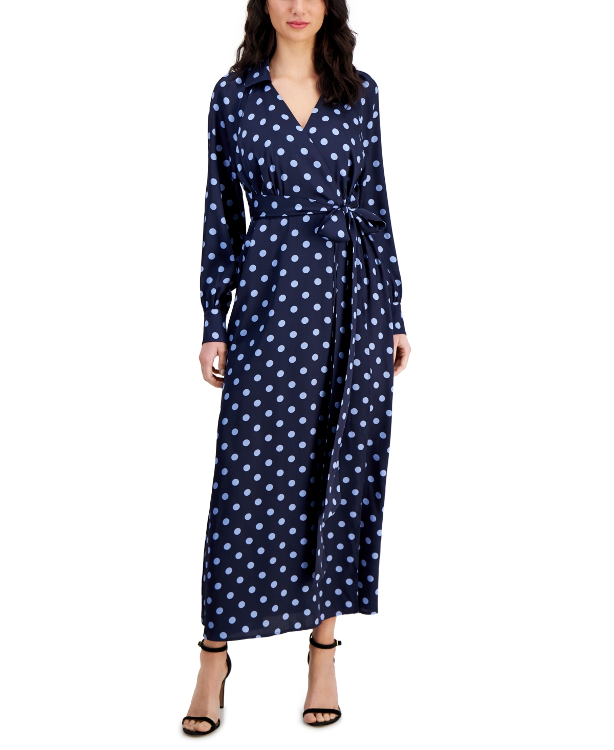 Shop Anne Klein Women's Printed Collared Faux-wrap Maxi Dress In Midnight Navy,cape Blue