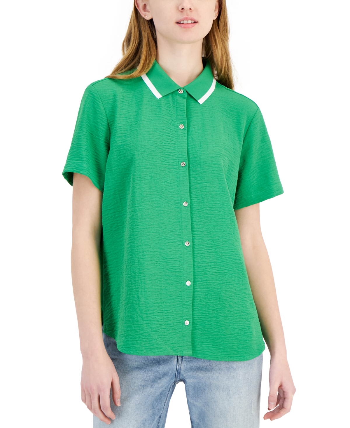 Shop Tommy Hilfiger Women's Ribbed-collar Short-sleeve Shirt In Bright Grn