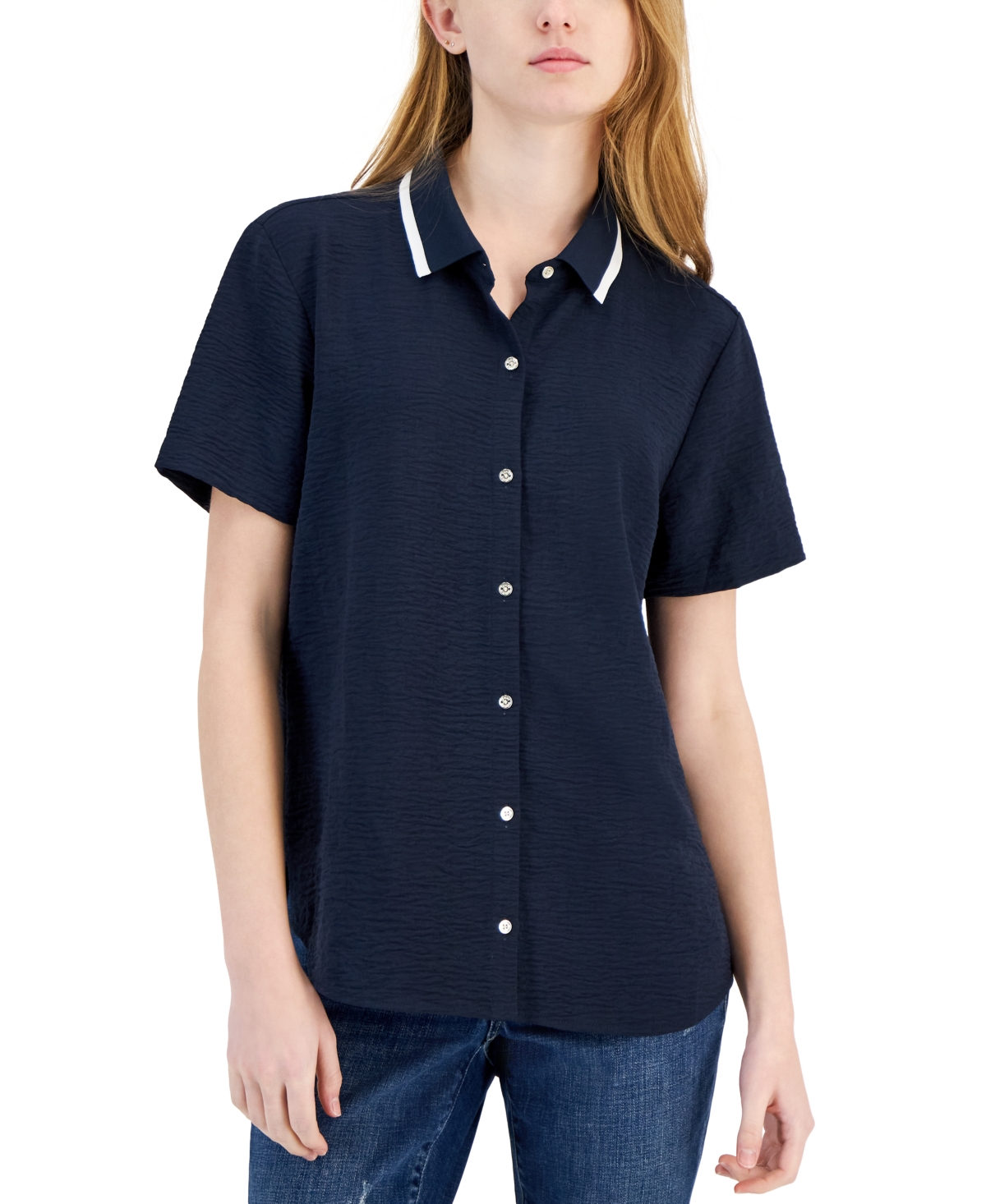 Shop Tommy Hilfiger Women's Ribbed-collar Short-sleeve Shirt In Navy
