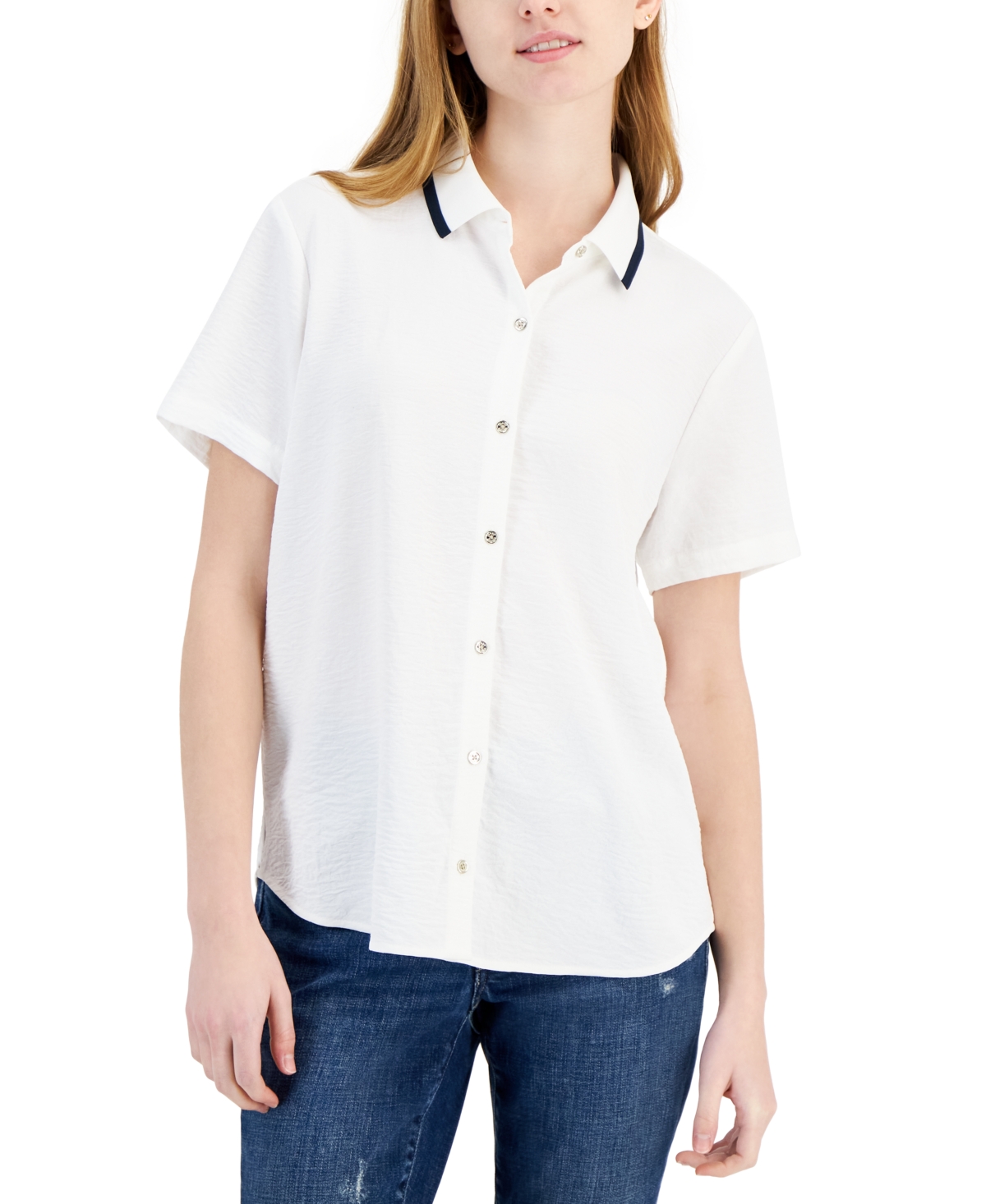 Shop Tommy Hilfiger Women's Ribbed-collar Short-sleeve Shirt In White